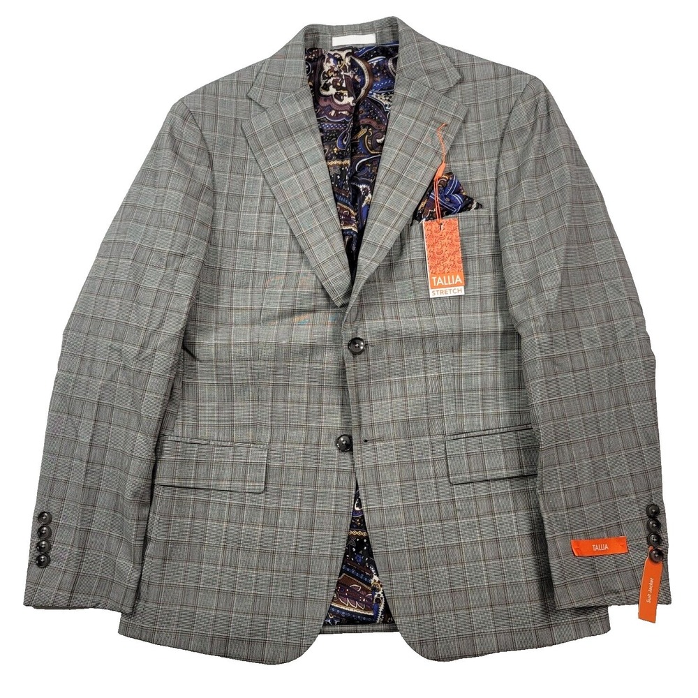 Tallia Slim-Fit Wool Blazer Mens 38S 38 Cream Brown Plaid Suit Jacket $425 NEW